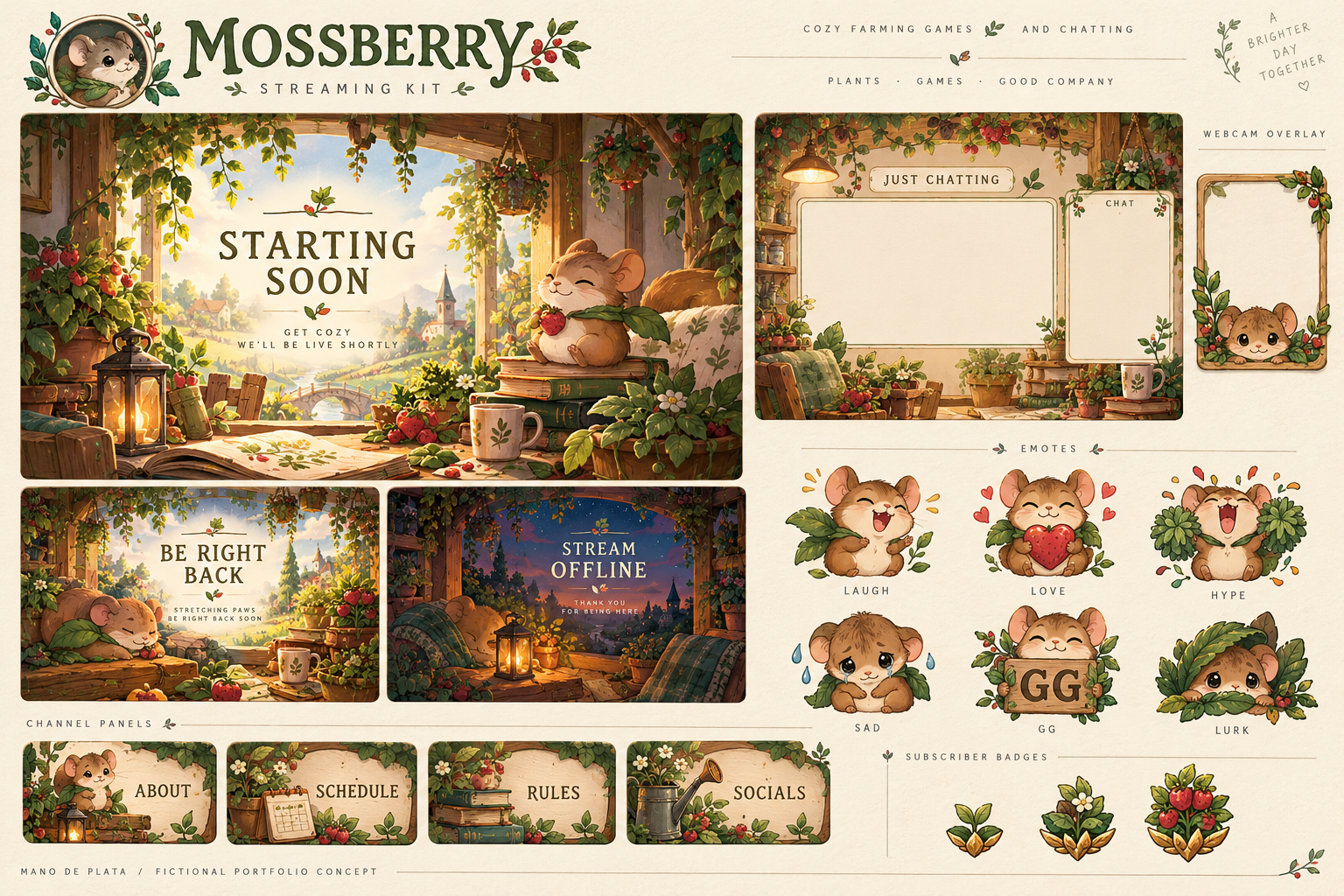 MOSSBERRY: kit acolhedor com ilustrações botânicas, ratinho de floresta, overlays e emotes